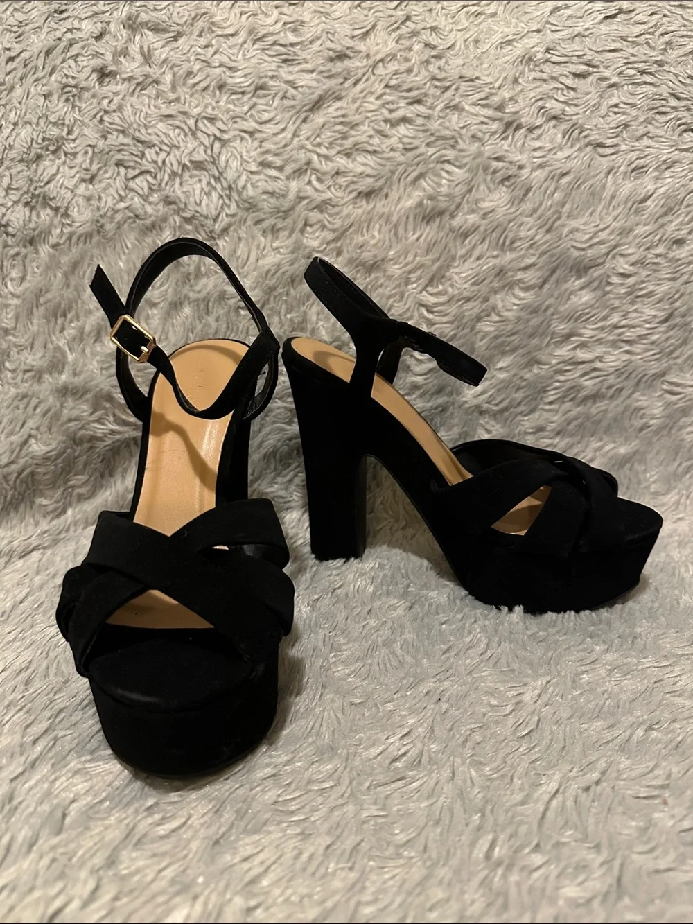 BAMBOO Black Suede Platform Heel Sandals with Ankle Strap